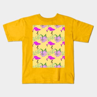Flamingo birds, exotic flowers, summer, vacation Kids T-Shirt